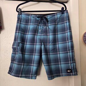 O’Neill Size 34 Blue Plaid Board Shorts Swim Trunks Surf